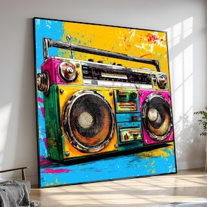 Retro Boombox Pop Art Canvas Painting – Colorful Vintage Music Wall Art, Bold 80s Style Gift for DJ Studio, Game Room or Urban Interiors