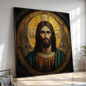 Jesus Icon Gold Artwork, Christian Byzantine Canvas, Religious Wall Decor, Catholic Faith Poster, Biblical Home Gift, Spiritual Sacred Print