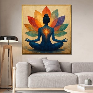 Colorful Lotus Meditation Canvas Painting, Chakra Yoga Wall Art, Spiritual Gift for Living Room, Studio or Peaceful Zen Room Decor