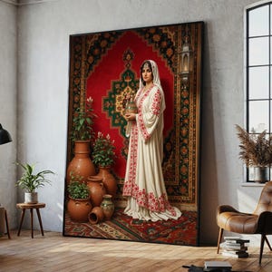Oriental Woman Canvas Painting – Ready to Hang Cultural Wall Art Gift for Living Room or Boho Space with Traditional Dress and Pottery