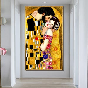 Golden Embrace Canvas Painting - Klimt Inspired Romantic Wall Art, Ready to Hang, Couple Gift Idea