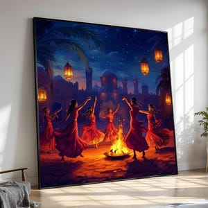 Fire Dance Canvas Painting, Mystical Dance Wall Art, Night Celebration Artwork, Large Home Decor, Gift for Bohemian and Art Lovers