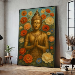 Golden Buddha Canvas Painting, Zen Floral Meditation Wall Art, Ready to Hang Spiritual Decor, Yoga Lover Gift, Boho Home Art