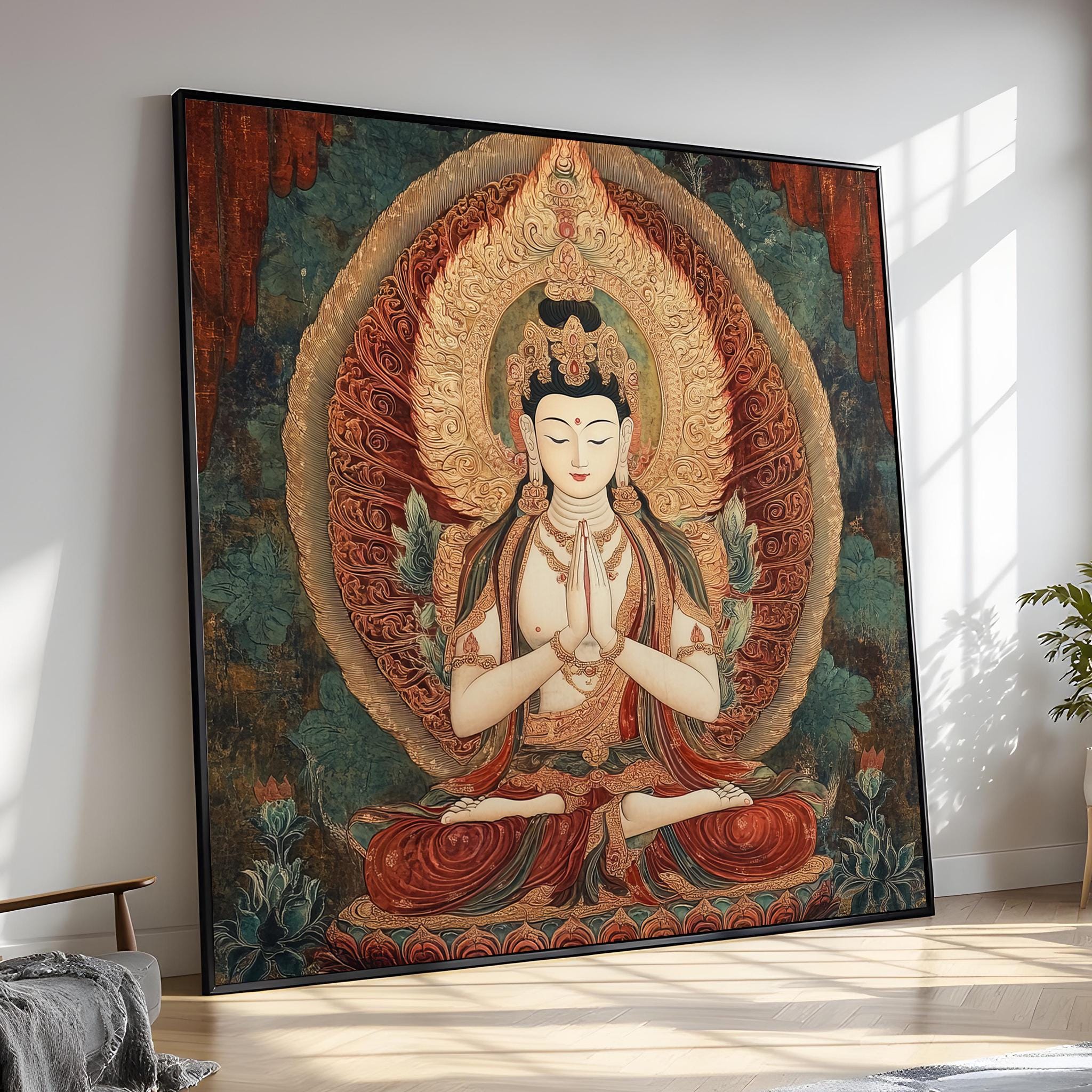 Avalokiteshvara Buddha Leinwanddruck, tibetische Kunst, spirituelles Wohndekor, Zen Meditation Malerei, Yoga Geschenk