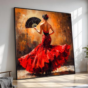 Flamenco Dancer Canvas Painting, Red Dress Fan Art, Spanish Dance Artwork, Large Home Decor, Gift for Dance Lovers