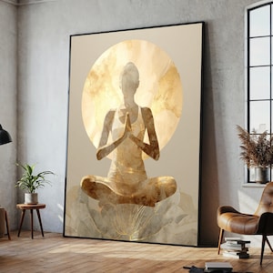 Golden Serenity – Woman in Prayer Pose with Radiant Halo and Marble Lotus Glow for Spiritual Calm and Elegant Minimal Wall Atmosphere