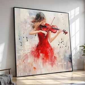 Violinist Canvas Painting, Red Dress Music Wall Art, Elegant Woman Artwork, Large Home Decor, Gift for Music and Art Lovers