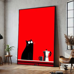 Cuadro en lienzo de gato negro y cafetera: un divertido regalo de arte mural con café, decoración minimalista de cocina para amantes de los gatos y el café.