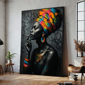 Bold African Woman Canvas Painting, Colorful Headwrap Wall Art, Ready to Hang, Afrocentric Urban Gift, Vibrant Home Decor