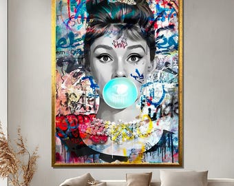 Audrey Hepburn Graffiti Wandkunst, Bubblegum Pop Art Leinwand, Buntes Straßenkunstdekor, Retro ästhetisches Geschenk
