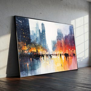 Abstract Cityscape Canvas Painting, Rainy Street Scene Wall Art, Vibrant Urban Night Lights Print, Modern Home Decor Gift