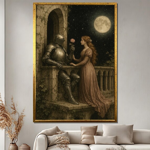 Romantic Medieval Knight and Lady Canvas Painting – Surreal Moonlight Art, Ready to Hang, Perfect Fairytale Gift for Her