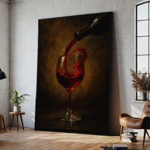 Red Wine Pour Gemälde - Elegante Stillleben Wandkunst, fertig zum Aufhängen, anspruchsvolles Geschenk für die Küche oder Bar