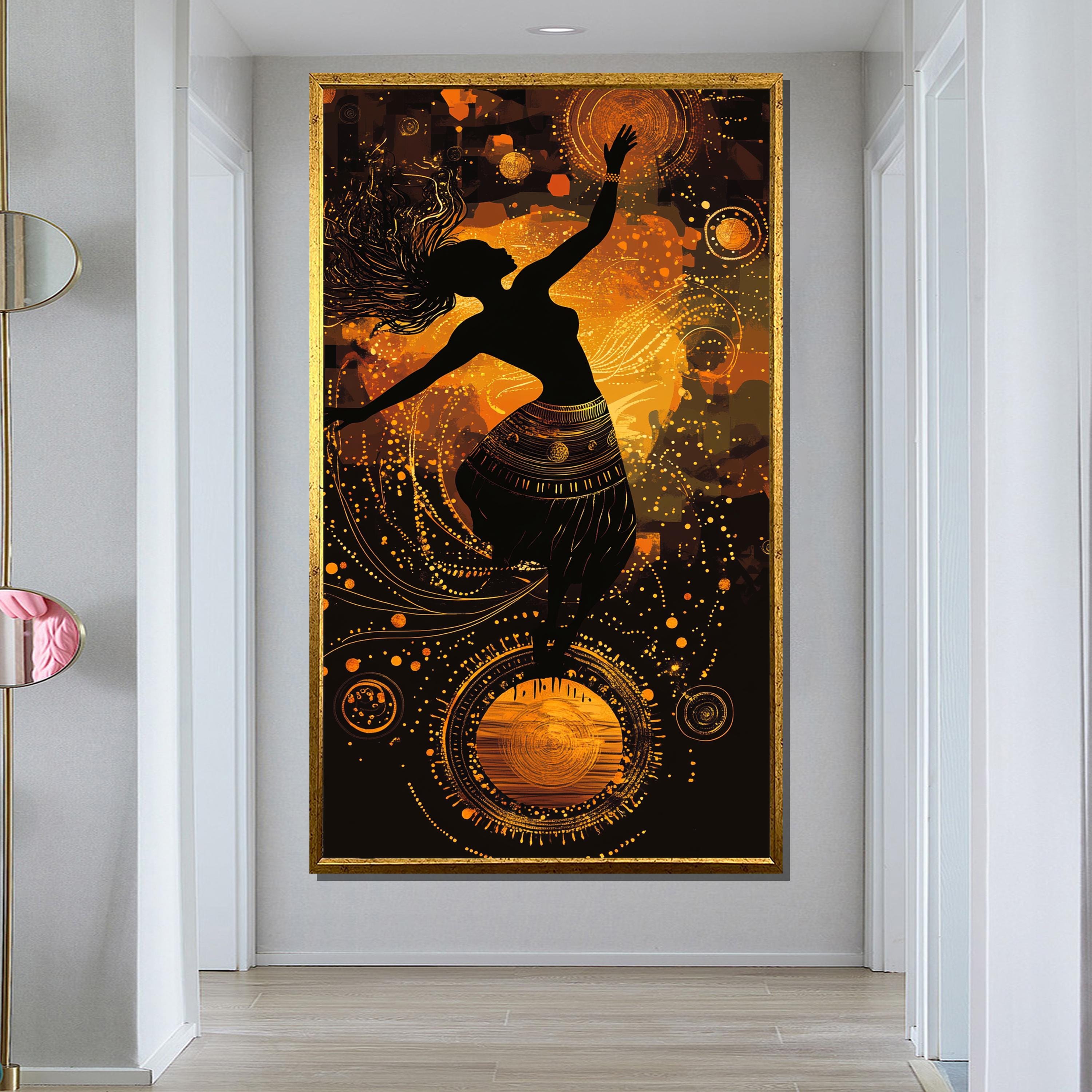 Cosmic Dance Silhouette Canvas Print, Abstract Artistic Wall Art, Golden Spiritual Painting, Large Modern Home Decor