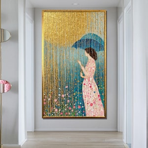 Elegant Woman in Rain Canvas Painting - Romantic Gold Wall Art, Ready to Hang, Gift for Her
