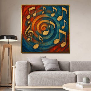 Peinture sur toile avec notes de musique tourbillonnantes, art mural musical surréaliste, cadeau artistique élégant pour le salon, le studio ou l'espace créatif