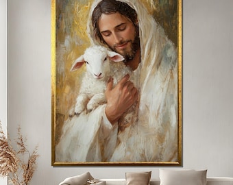 Jesus hält Lamm Gemälde, christliche Leinwandkunst, religiöses Wanddekor, Guter Hirte Kunstwerk, Jesus Christus Druck, Glaubensgeschenk für Gläubige