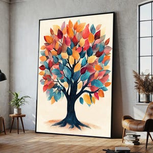 Bunter Baum Leinwanddruck, lebendige Blätter Wandkunst, abstraktes Naturdekor, einzigartiges Geschenk für Zuhause oder im Büro