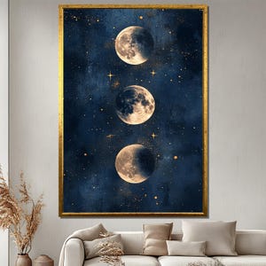 Toile Phase de lune céleste, oeuvre d'art murale lunaire bleu foncé, affiche de la lune nuit étoilée, cadeau déco mystique pour la maison