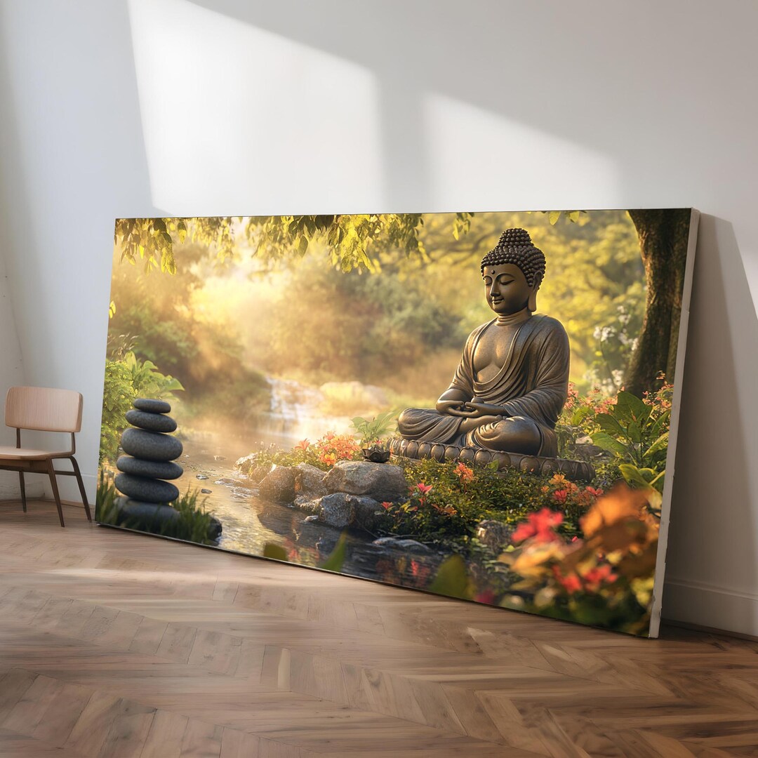 Buddha Meditation Wall Art, Zen River Landscape, Tranquil Home Decor ...