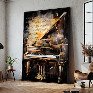 Grand Piano Canvas Wall Art – Elegant Music Room Decor with Notes, Ready to Hang Gift for Musicians and Art Lovers