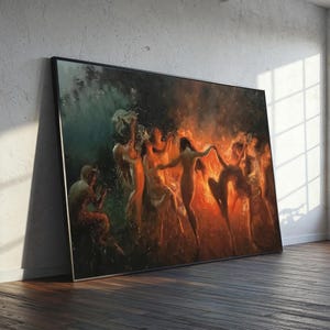 Mystical Dance Canvas Painting, Fire Ritual Wall Art, Ethereal Women Artwork, Large Wall Decor, Spiritual Home Decor, Gift for Art Lovers