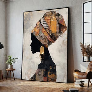 Tribal Afro Woman Canvas Painting – Colorful Headwrap Wall Art, Ready to Hang Gift for Her, Ethnic Boho Decor