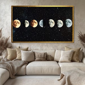 Sternenhimmel Mondzyklus Leinwand, Bunte Mondphasen, Wandbild, Galaxie Poster, Geschenk für Sie, Modernes Wohndekor