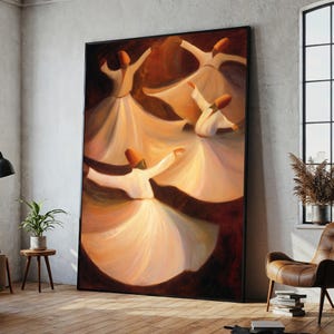 Whirling Dervishes Spiritual Sufi Dance Canvas Wall Art, Elegant Mevlevi Dancers Painting for Meditation Room or Living Space