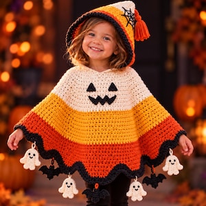 Può includere: Un poncho con cappuccio all'uncinetto caratterizzato da uno schema di colori a caramella con strisce orizzontali bianche, gialle e arancioni. Il cappuccio presenta un dettaglio a ragnatela nera e una nappa arancione. L'orlo nero ha fantasmi e pipistrelli.