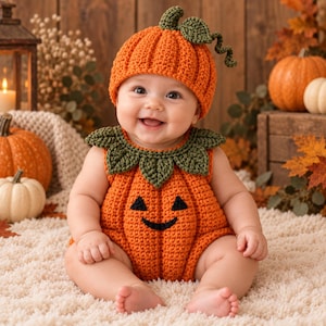 May include: A crochet pumpkin outfit consisting of a ribbed orange hat with a green stem and leaf, and a matching orange romper featuring a green leaf collar and a black stitched jack-o'-lantern face with triangular eyes and a curved smile.