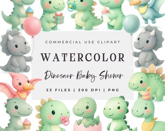 Clipart de dinosaurio bebé en acuarela: Baby Shower de dinosaurio PNG (uso comercial, descarga digital)