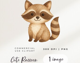 Clipart de mapache en acuarela: lindo animal del bosque PNG (descarga digital)