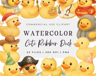 Watercolor Rubber Duck Clipart, Cute Duckling PNG (Digital Download)