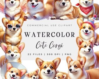 May include: A set of 22 watercolor illustrations of cute corgis in various poses and outfits. The corgis are depicted in a cartoon style with bright colors and playful expressions. The illustrations are perfect for use in digital and printed projects.