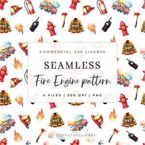 May include: A seamless pattern featuring watercolor illustrations of fire engines, fire hydrants, firefighters, axes, and flames. The pattern is on a white background and is perfect for creating digital or printed designs.