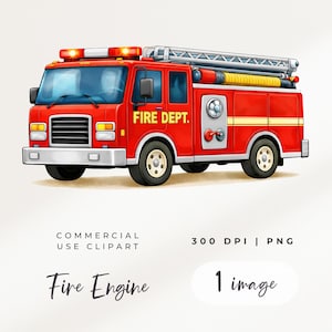 Pode incluir: Um carro de bombeiros vermelho com o texto "FIRE DEPT." na lateral. A ilustração mostra uma escada, luzes e outros detalhes de um carro de bombeiros. As palavras "Fire Engine" estão escritas em itálico abaixo.