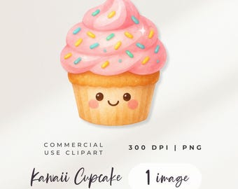 Kawaii Cupcake Clipart, Watercolor Dessert PNG (Digital Download)