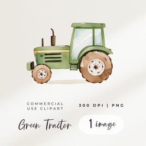 Op de afbeelding: Waterverfillustratie van een groene tractor met bruine wielen. De tractor heeft een gele streep en een bruine uitlaatpijp. De afbeelding bevat de tekst "Green Tractor" en "1 image".