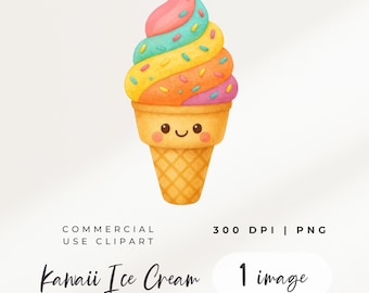 Kawaii Ice Cream Clipart – Słodki Deser PNG, Tęczowy Rożek Lodowy, Słodka Letnia Sztuka Cyfrowa, Użytek Komercyjny