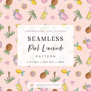 May include: A seamless pattern featuring pink lemonade, pineapples, lemons, palm trees, and hearts on a light pink background. The text "COMMERCIAL USE LICENSE", "SEAMLESS", "Pink Lemonade", "PATTERN", "4 FILES | 300 DPI | PNG", and "CUTESTARCLIPART" is included in the design.