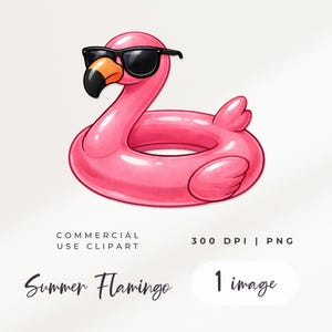 Può includere: Illustrazione di un galleggiante per piscina a forma di fenicottero rosa con occhiali da sole neri. Il fenicottero ha un becco arancione. Il testo "Summer Flamingo" e "1 image" sono inclusi.