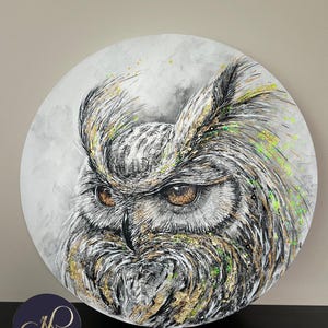 May include: A round painting of an owl's face. The owl has brown eyes, white and black feathers, and gold and green accents. The background is a light gray color. The painting is signed with the text "MEAVIART".