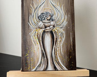 Ángel de la guarda hecho a mano: lienzo acrílico texturizado (12 x 18 cm)