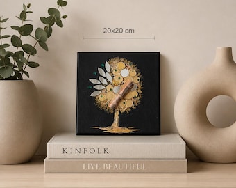 Geldboom kunst aan de muur, feng shui rijkdom decor, symbool voor welvaart en overvloed, zwart goud getextureerd canvas, succescadeau