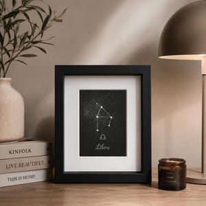 Puede incluir: Una lámina enmarcada en negro con un gráfico blanco de la constelación de Libra sobre un fondo oscuro y moteado. El texto Libra y el símbolo del zodiaco están impresos en blanco debajo de la constelación, presentada con un paspartú blanco.