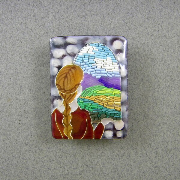 Maiden at the Window, Enamel with polymer micromosaic, Studio Button