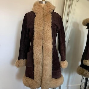 AFGHAN bronze coat Penny Lane suede leather and Mongolian lamb fur vintage 70s coat, 1970&#39;s Vintage Afghan Shearling Fur Trim Suede Leather