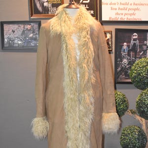 Topshop Retro 1940&#39;s Afghan Tan Suede Long Coat, Penny Lane Afghan Suede Coat, Princes Long Coat, Mongolian Fur Trim, Polyester Lining.