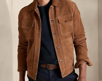 Men's Tan Cowhide Suede Western Jacket: Satin Lined Leather Shirt
